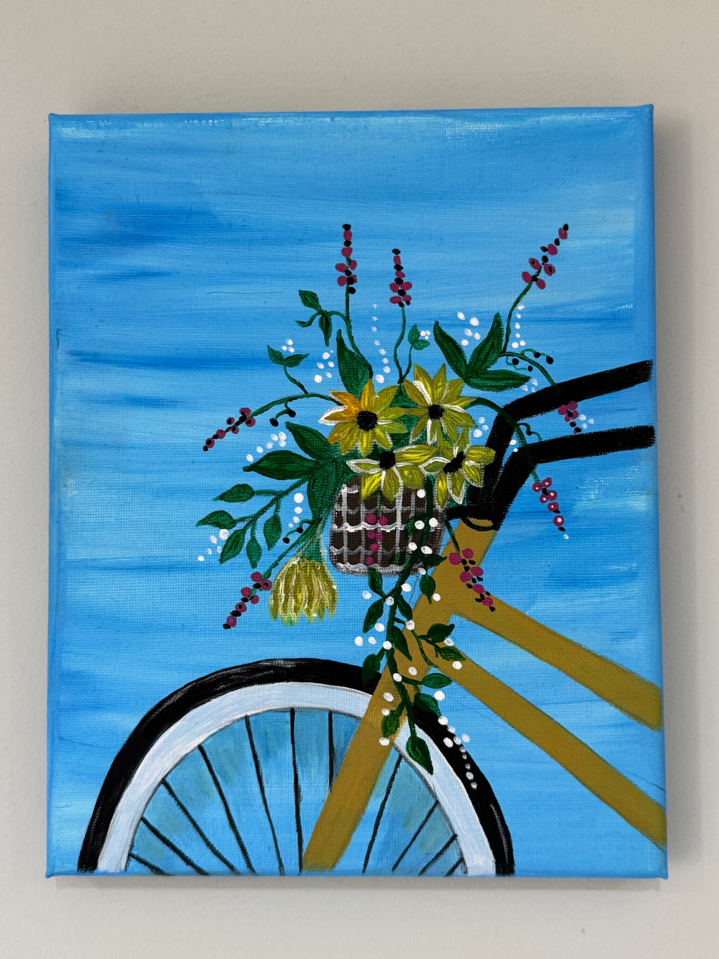 Floral canvas painting acrylic painting bucket on cycle