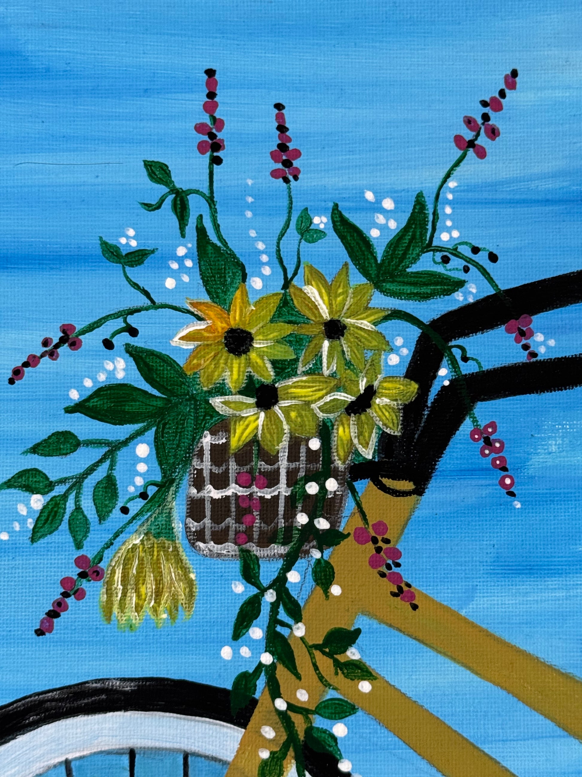 Floral canvas painting acrylic painting bucket on cycle
