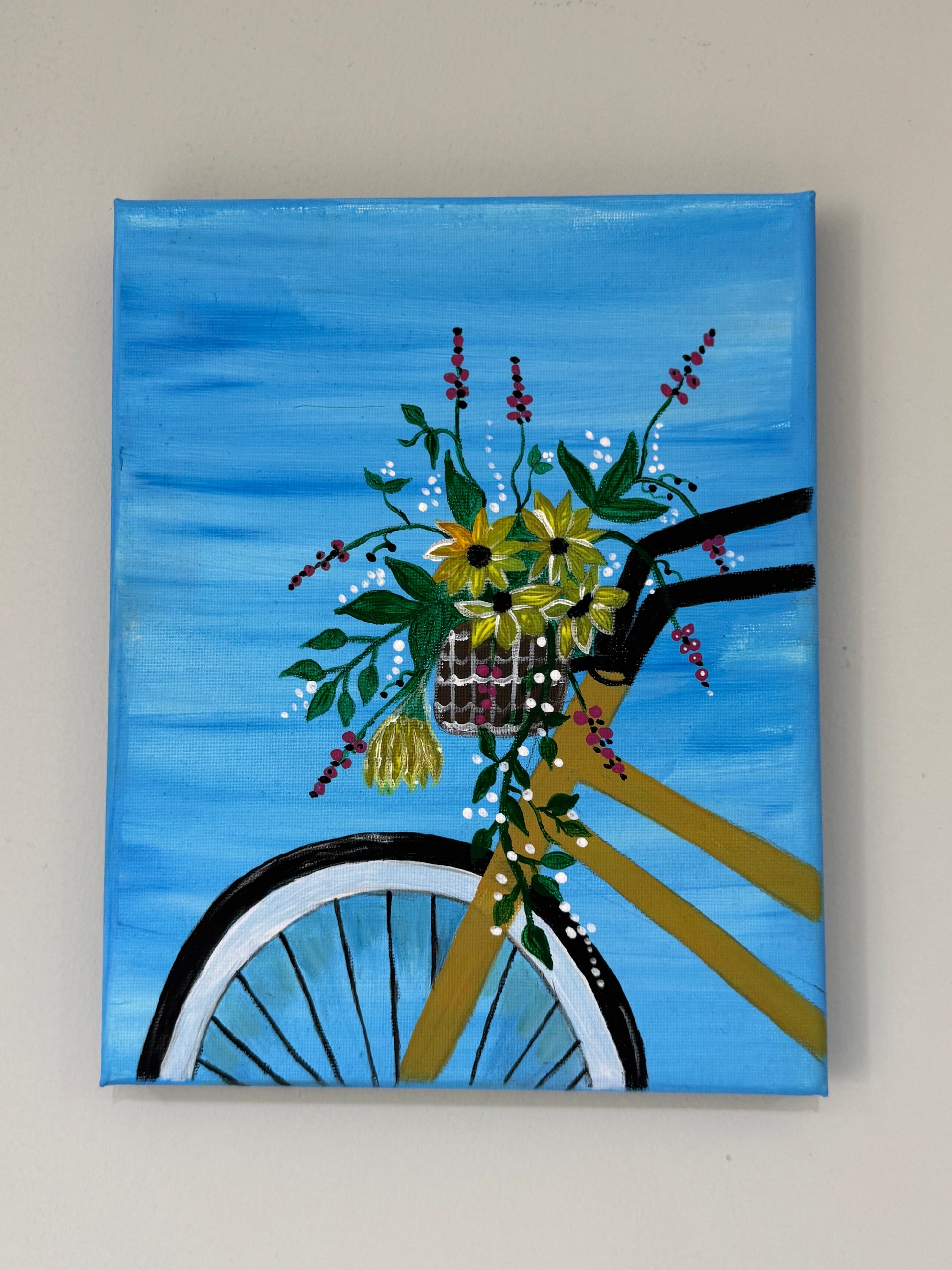 Floral canvas painting acrylic painting bucket on cycle