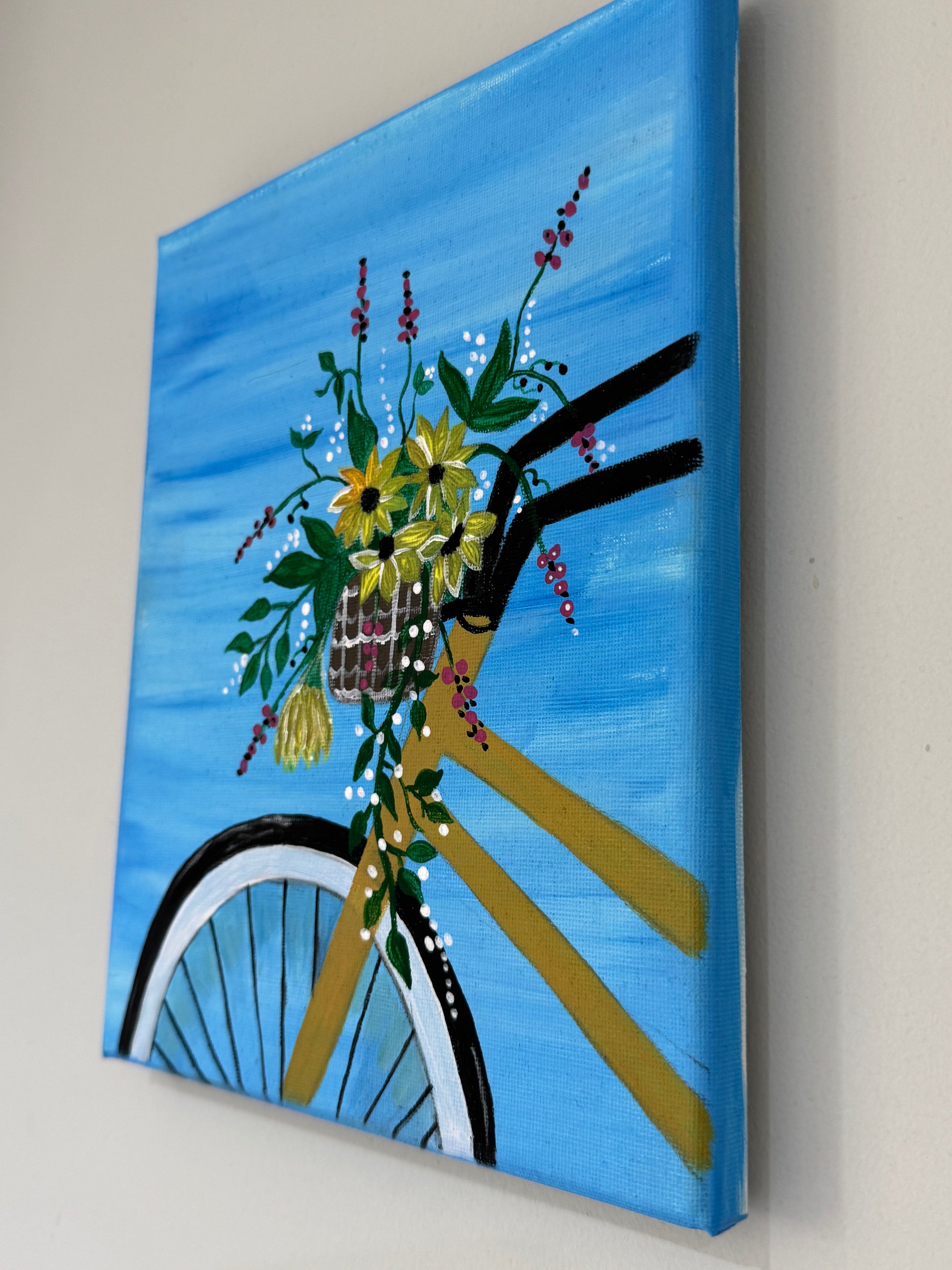 Floral canvas painting acrylic painting bucket on cycle